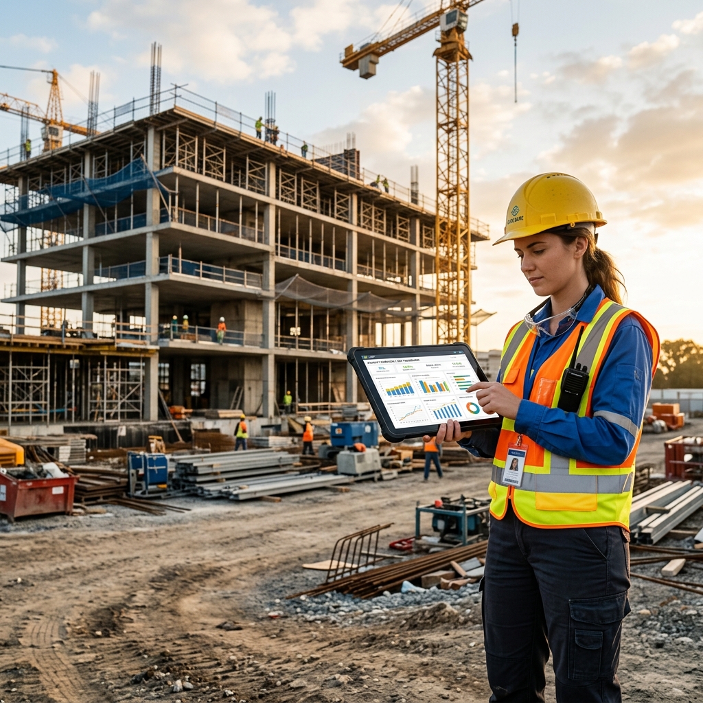 Civil Engineer reviewing drawings on tablet